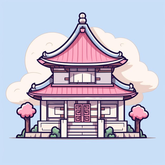 Foto ilustração de uma casa japonesa com um telhado rosa e uma árvore rosa