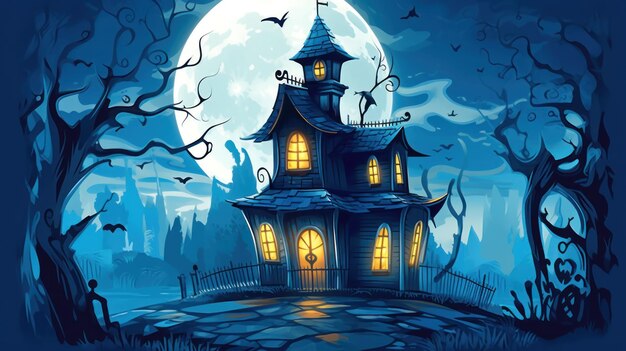 Ilustração de uma casa mal-assombrada em tons de azul Halloween medo do terror