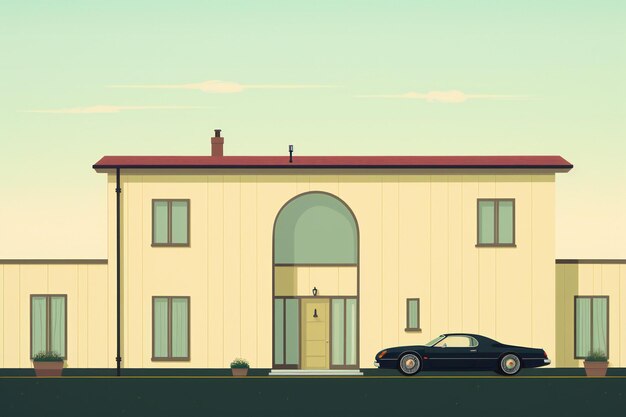 Ilustração de uma casa moderna com um carro na rua