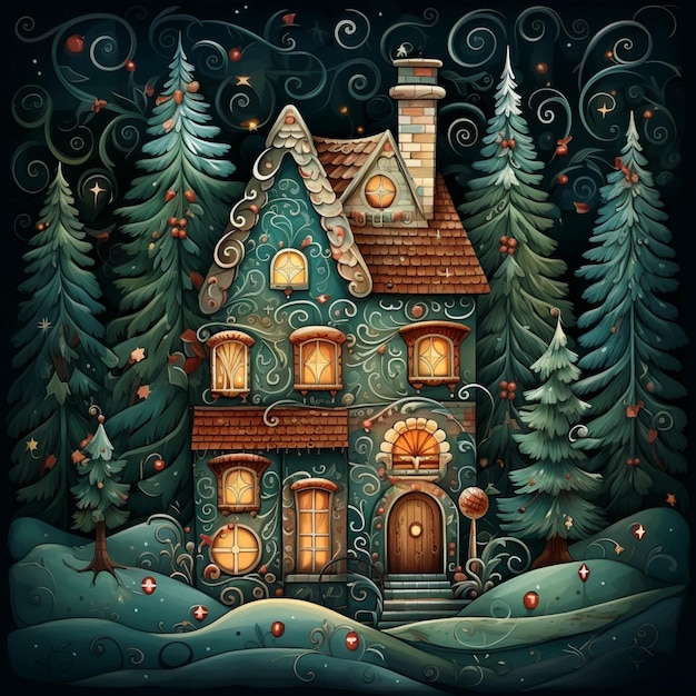 ilustração de uma casa na floresta com uma árvore de Natal generativa ai