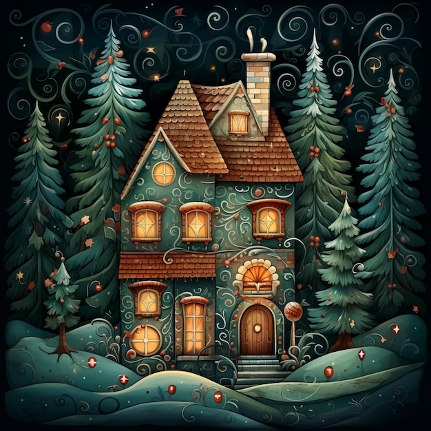 ilustração de uma casa na floresta com uma árvore de natal generativa ai