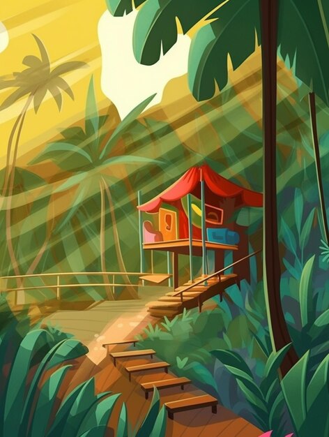 Foto ilustração de uma casa tropical na selva com escadas que levam a ela