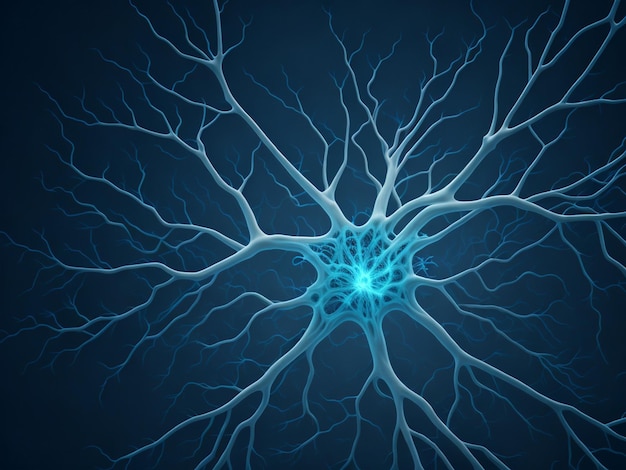 Ilustração de uma célula de neurônio com neurônios e sistema nervoso em um fundo azul