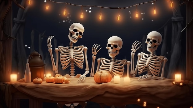 Ilustração de uma cena assustadora de Halloween com esqueletos reunidos em torno de uma mesa de abóboras