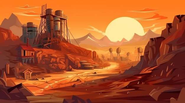 Ilustração de uma cena de deserto com um grande edifício e uma grande torre generativa ai