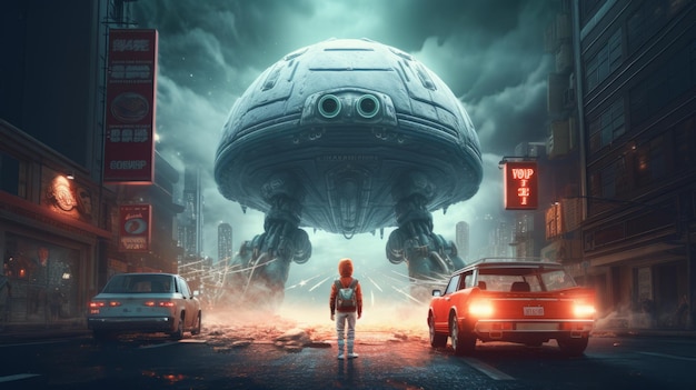 Ilustração de uma cena de fantasia retro com um astronauta solitário na frente de um carro alienígena gigante em uma rua da cidade