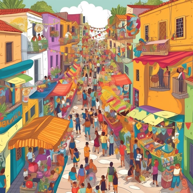 Ilustração de uma cena de rua com pessoas andando e uma placa que diz "san miguel".