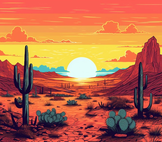 Ilustração de uma cena do deserto com árvores de cacto e um pôr-do-sol generativo ai
