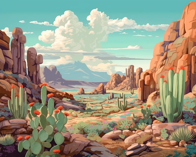 ilustração de uma cena do deserto com cactos e rochas geradoras de IA