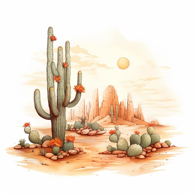 ilustração de uma cena do deserto com cactos e rochas geradoras de IA