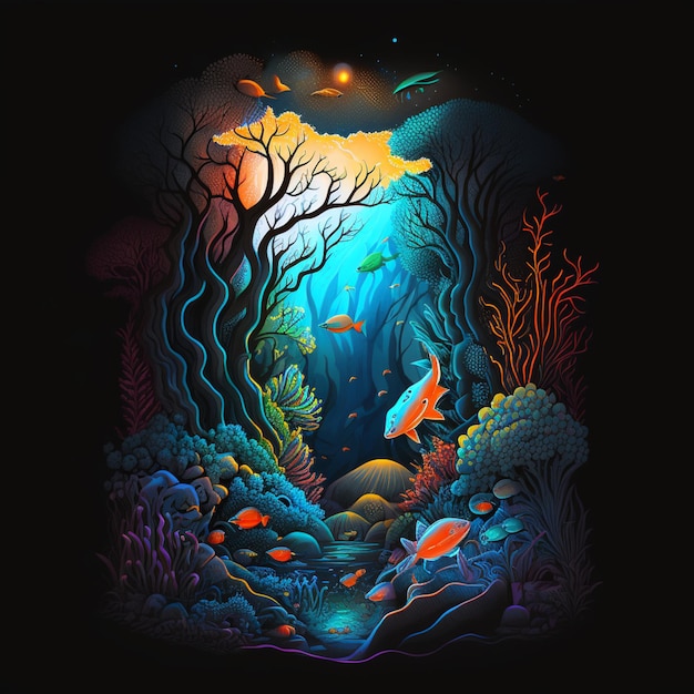 Ilustração de uma cena subaquática colorida com peixes e corais generativos ai