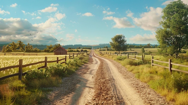 Ilustração de uma cena tranquila na estrada rústica do campo