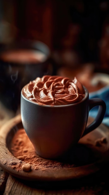 Foto ilustração de uma chávena de chocolate quente com um ambiente desfocado criando uma atmosfera aconchegante ia gerativa