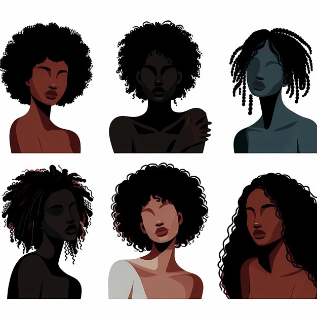 Ilustração de uma coleção de belas mulheres negras com diferentes penteados retrato de etnia