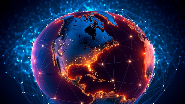 Ilustração de uma conexão de internet global e rede de telecomunicações Generative AI