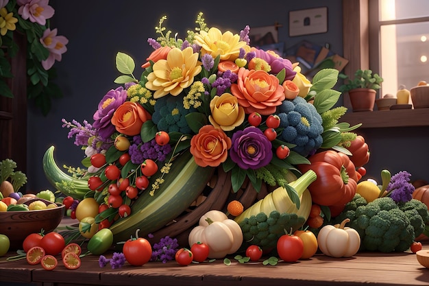 Ilustração de uma cornucópia cheia de vegetais e decorada com flores