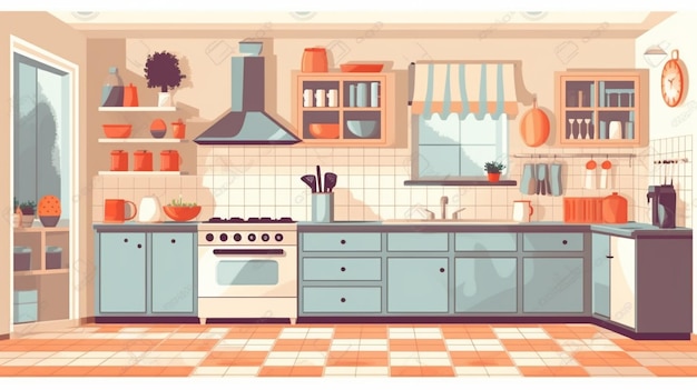 Ilustração de uma cozinha com um fogão generativo ai