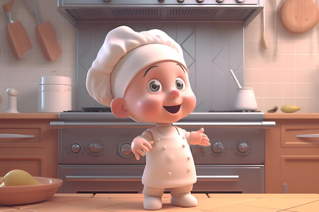 Ilustração de uma criança cozinheira com um chapéu de chef na cozinha Generative AI 2