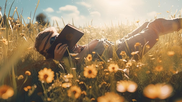 Foto ilustração de uma criança lendo ao ar livre 3d realista e desenho animado