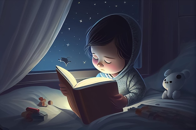 Ilustração de uma criança lendo um livro antes de ir dormir em um quarto aconchegante com IA