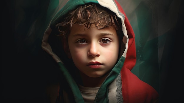 ilustração de uma criança rasgada fundo um retrato da bandeira palestina
