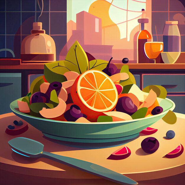 Foto ilustração de uma deliciosa salada com frutas frescas e bagas colocadas na mesa série de alimentos e