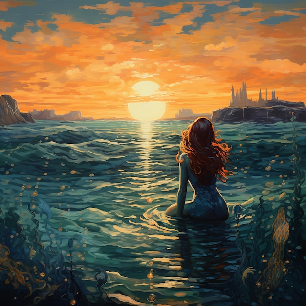 ilustração de uma encantadora cena serena do oceano em Van Goghs Impressio