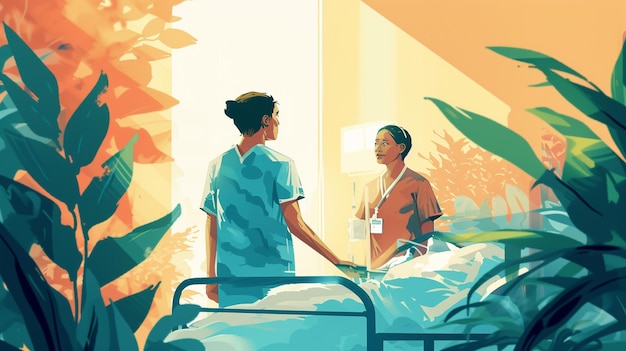 Ilustração de uma enfermeira prestando cuidados compassivos a um paciente em um ambiente hospitalar trabalhando em