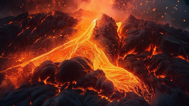 Ilustração de uma erupção vulcânica com lava fluindo pelas encostas