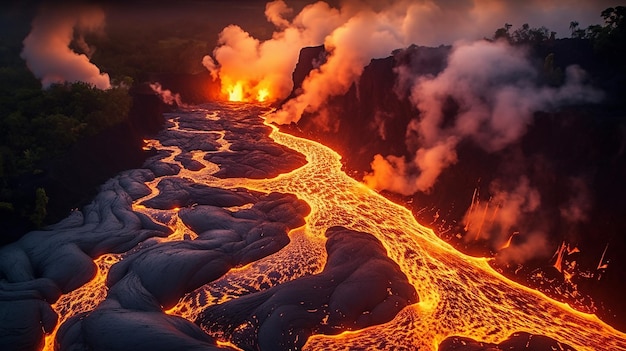 Ilustração de uma erupção vulcânica com lava fluindo pelas encostas
