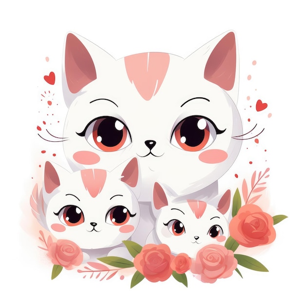 Ilustração de uma família de gatos com flores em fundo branco