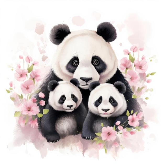 Ilustração de uma família de lindos pandas em fundo branco