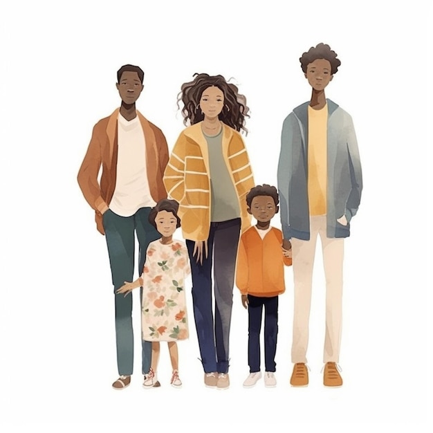 Ilustração de uma família de quatro pessoas juntas em uma linha generativa ai