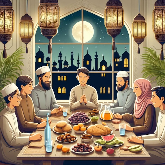 Ilustração de uma família fazendo uma festa de Iftar juntos