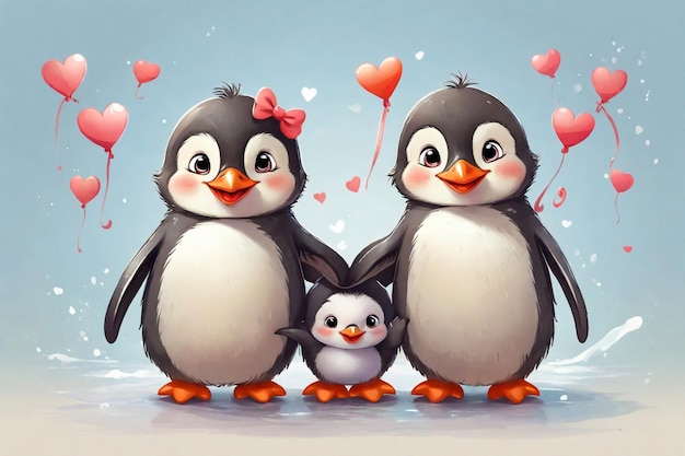 Ilustração de uma família feliz e sorridente de pinguins sobre fundo azul
