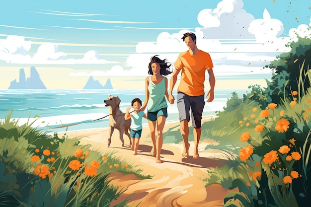 Ilustração de uma família feliz em caminhada de verão