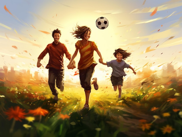 ilustração de uma família feliz jogando futebol