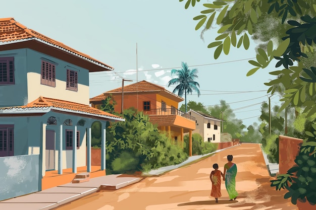 Ilustração de uma família indiana desfrutando de um passeio descontraído por sua tranquila aldeia