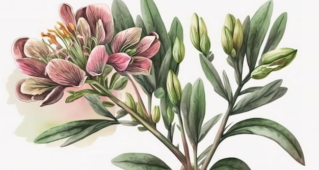 Ilustração de uma flor rosa suave de Alstromeria com folhagem verde feita à mão