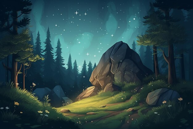 Ilustração de uma floresta de fantasia à noite com uma pedra grande