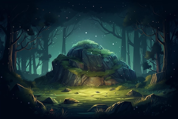 Ilustração de uma floresta de fantasia à noite com uma pedra grande