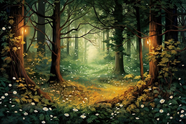 Ilustração de uma floresta de fantasia com árvores e flores iluminadas