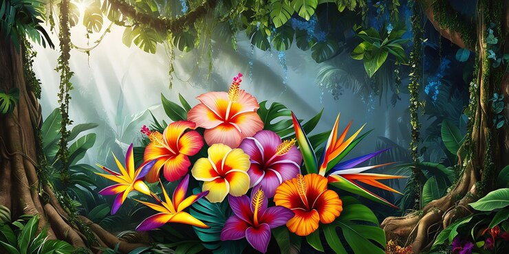 Foto ilustração de uma floresta tropical com flores coloridas fundo da selvailustração de um floresta tropical com flores coloradas fundo da selva