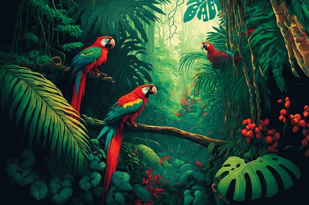 Ilustração de uma floresta tropical com papagaios