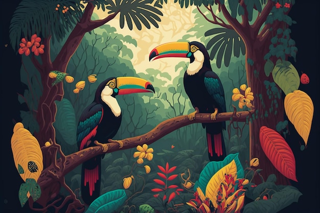 Ilustração de uma floresta tropical com tucanos