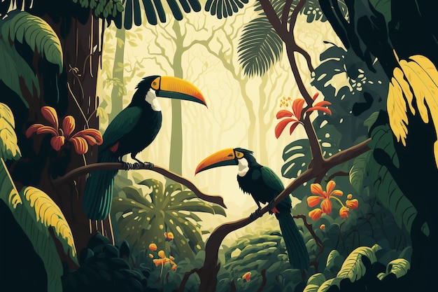Ilustração de uma floresta tropical com tucanos
