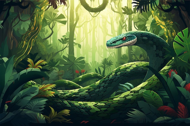 Ilustração de uma floresta tropical com uma cobra verde