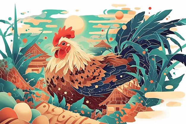 Ilustração de uma galinha de desenho animado bonita, uma galinha a pôr ovos.