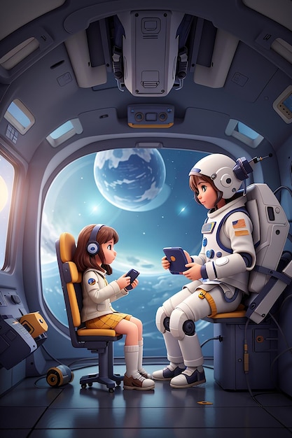 Ilustração de uma garota astronauta e um robô na nave espacial