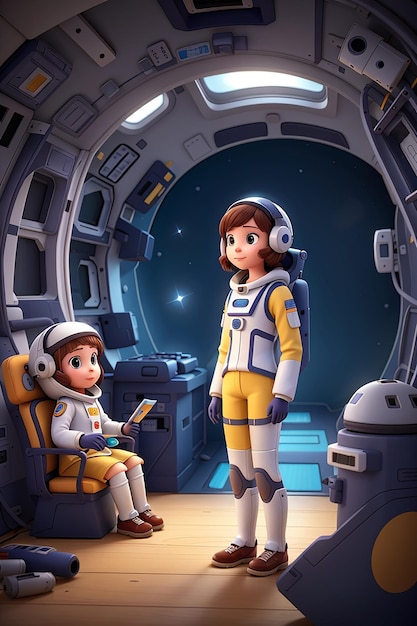 Ilustração de uma garota astronauta e um robô na nave espacial